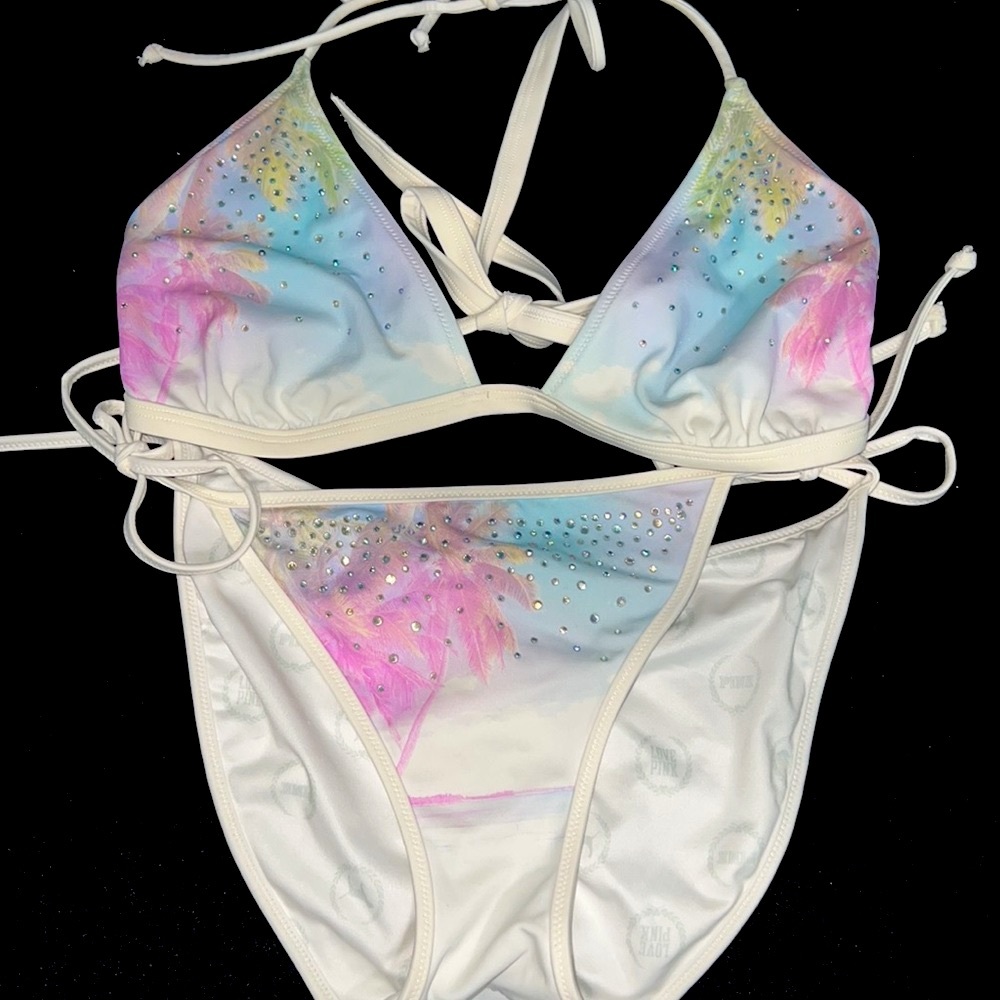 Pink Palm Trees String Bikini With Rhinestones - image 1